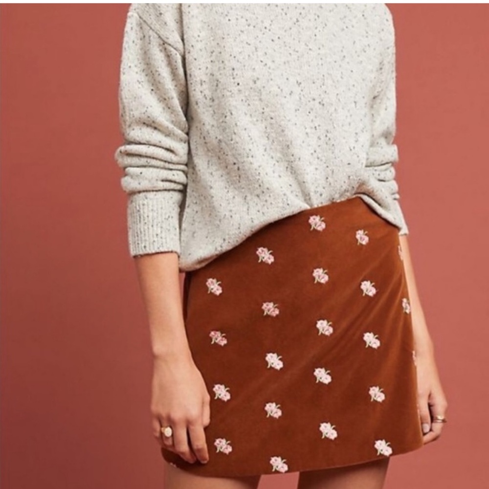 Rachel Antonoff brown Velvet mini floral Embroidered Mini Skirt women’s Sz 10